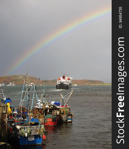 MV Clansman heads out to sea under a rainbow. MV Clansman heads out to sea under a rainbow.