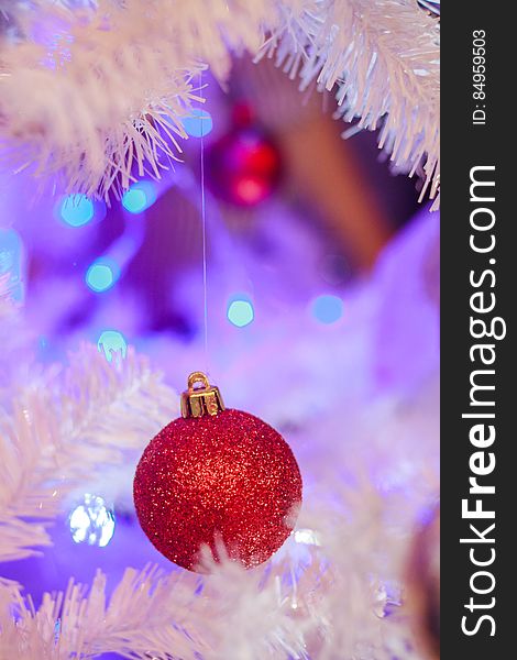 Red bauble on Christmas tree with white branches and lights in background.