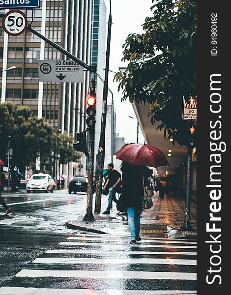 Rear view of woman under umbrella walking on rainy city sidewalk. Rear view of woman under umbrella walking on rainy city sidewalk.