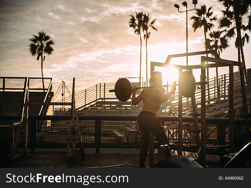 Man bodybuilding with weights at sunset, palm trees in background. Man bodybuilding with weights at sunset, palm trees in background.