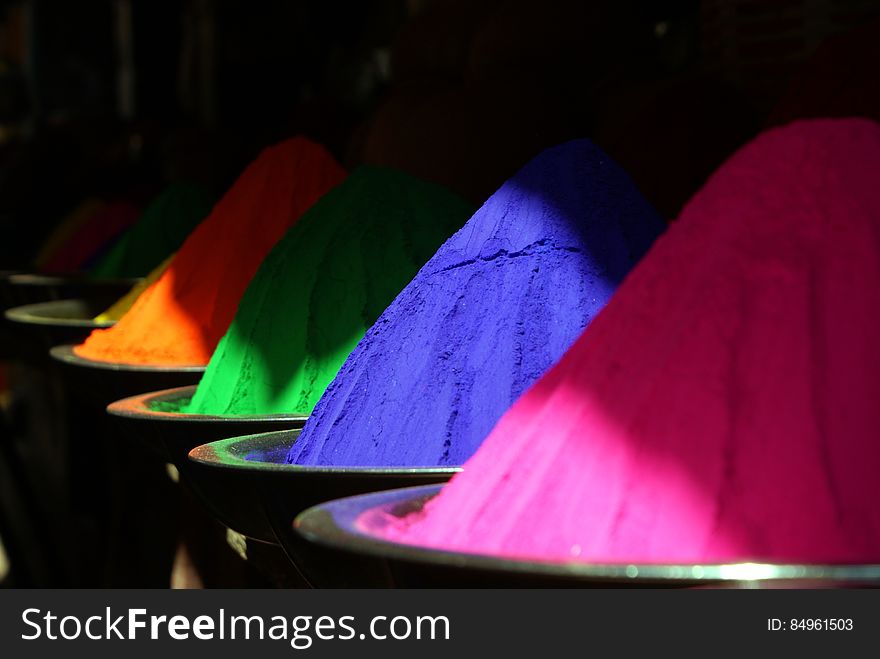 Bowls with colorful powder for the Indian and Nepalese Holi festival. Bowls with colorful powder for the Indian and Nepalese Holi festival.