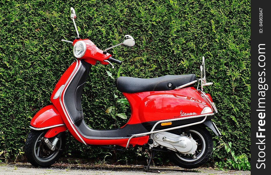 Red and Black Moped Scooter Beside Green Grass