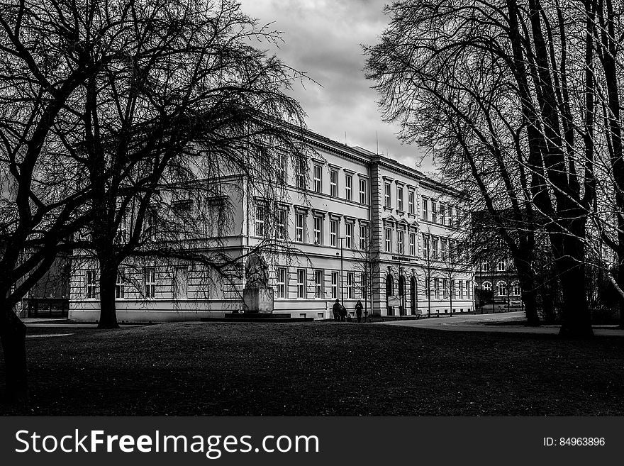 Black and White Picture of Building Surrounded by Trees