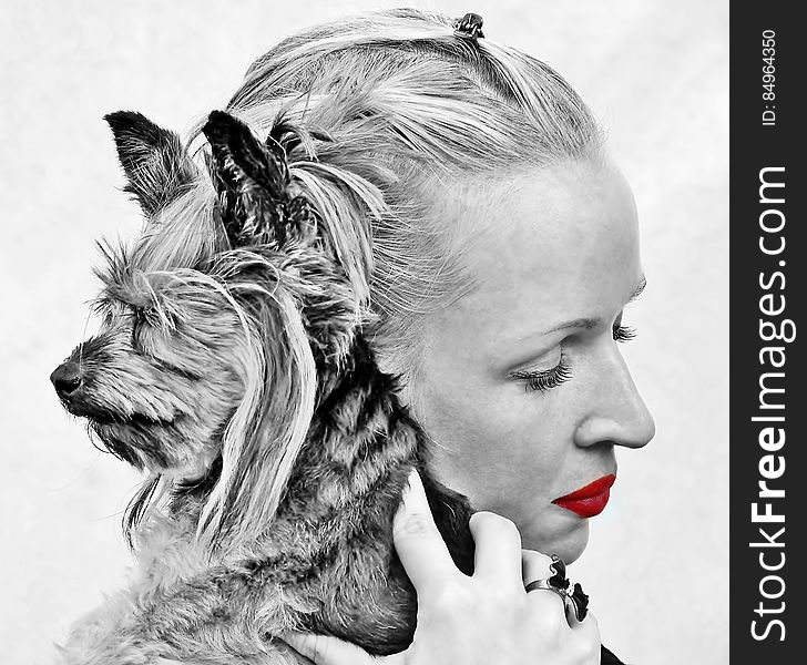 Selective Color Photography of Woman Holding Yorkshire Terrier