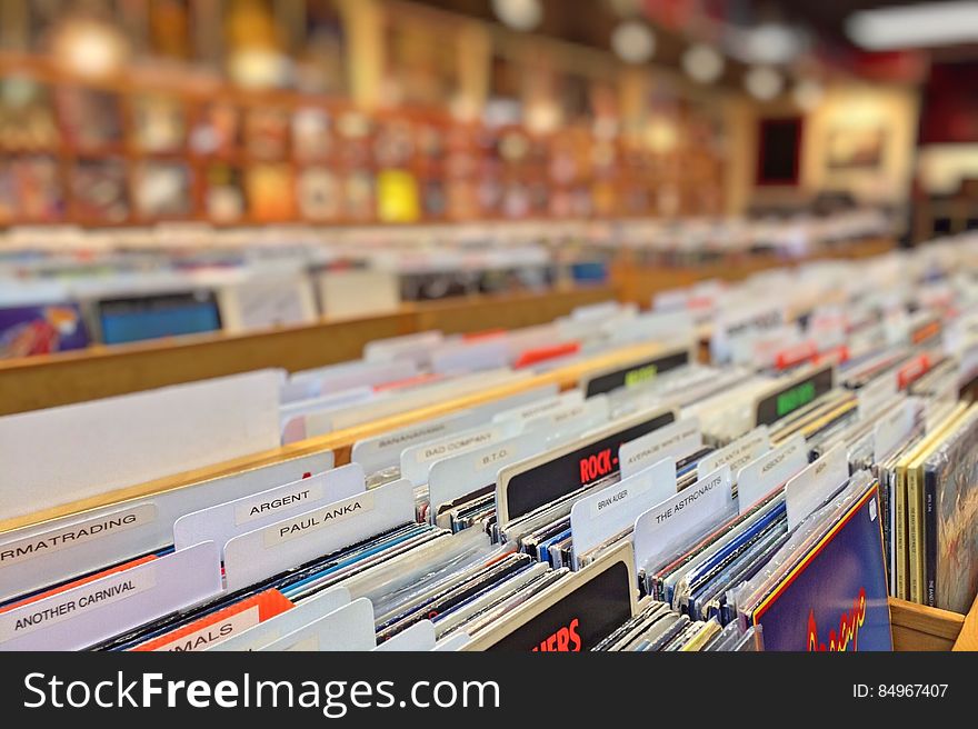 Records on display in a record shop.