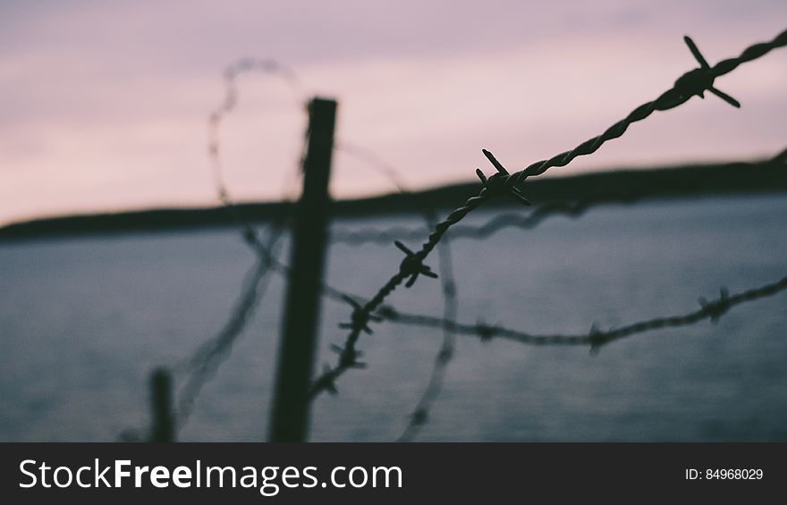 Close up on barb wire fence beside the sea with selective focus, gray cloudy sky. Close up on barb wire fence beside the sea with selective focus, gray cloudy sky.