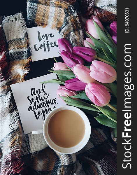 A cup of coffee and colorful tulips with cards with the text "love coffee and so the adventure begins". A cup of coffee and colorful tulips with cards with the text "love coffee and so the adventure begins".