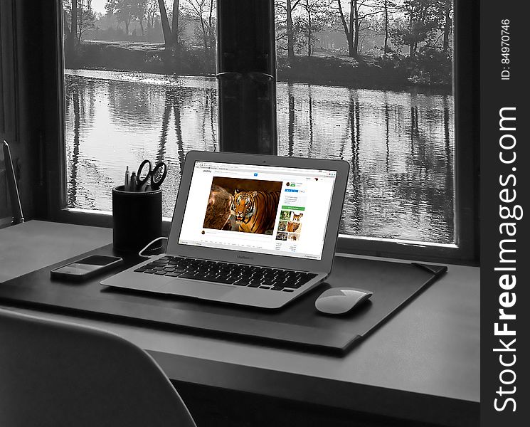 Computer on a desk together with a mouse and mobile phone and tiger displayed on the computer screen. The desk is positioned in front of a window with a view of a lake. Computer on a desk together with a mouse and mobile phone and tiger displayed on the computer screen. The desk is positioned in front of a window with a view of a lake.
