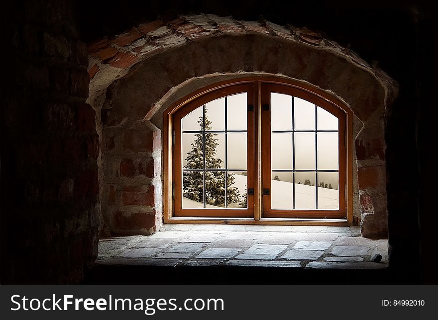A view from inside an old arched window.