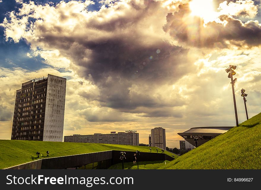 Green Grass Land Under Blue and White Cloudy Sky during Day Time