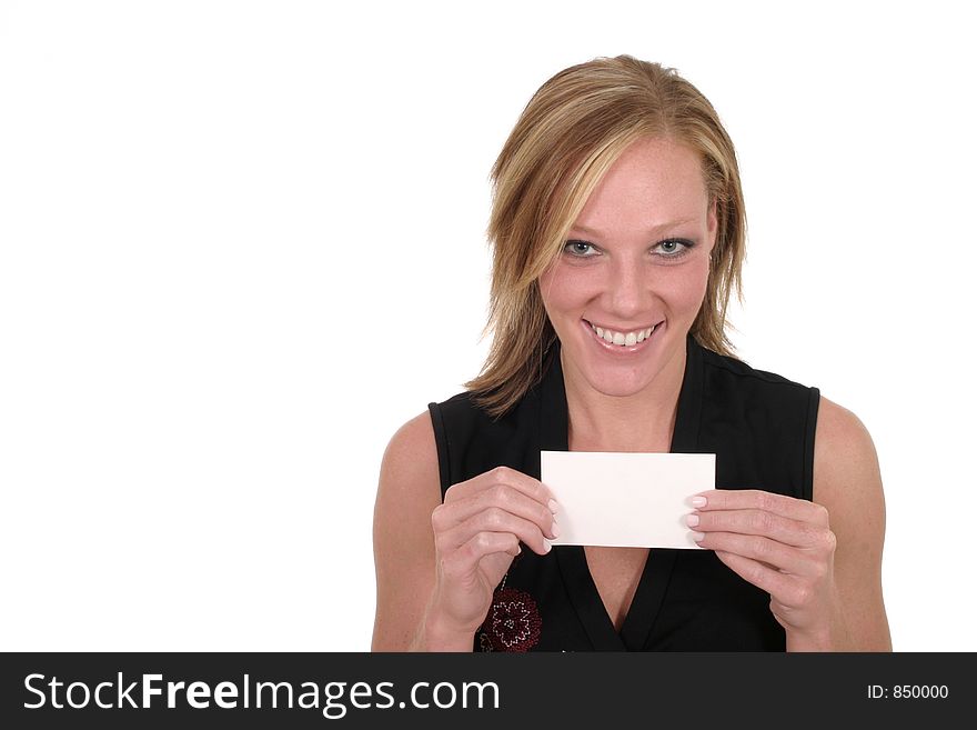 Attractive smiling business woman holding blank card with room for text. Attractive smiling business woman holding blank card with room for text.