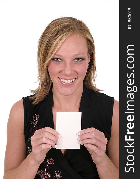 Attractive smiling business woman holding blank card with room for text. Attractive smiling business woman holding blank card with room for text.