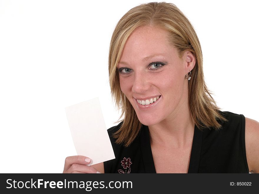 Attractive smiling business woman holding blank card with room for text. Attractive smiling business woman holding blank card with room for text.