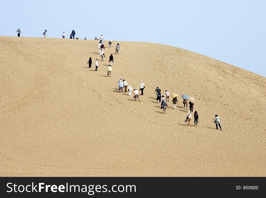 Japanese tourists climbing the sand dunes of Tottori. Japanese tourists climbing the sand dunes of Tottori.