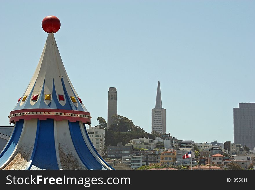 Carousel, Coit Tower, and Transamerica Building. Carousel, Coit Tower, and Transamerica Building