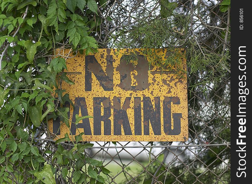 Old no parking sign grown over. Old no parking sign grown over