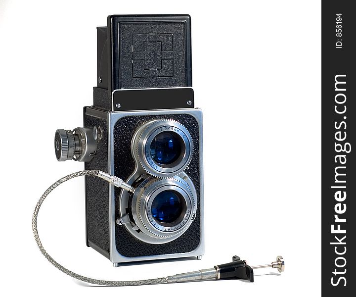 TLR Camera with remote cable release isolated on white. TLR Camera with remote cable release isolated on white