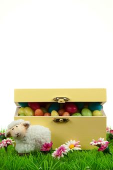 Box Of Easter Eggs And Cute Sheep Royalty Free Stock Photo Box Of Easter Eggs And Cute Sheep Royalty Free Stock Photo