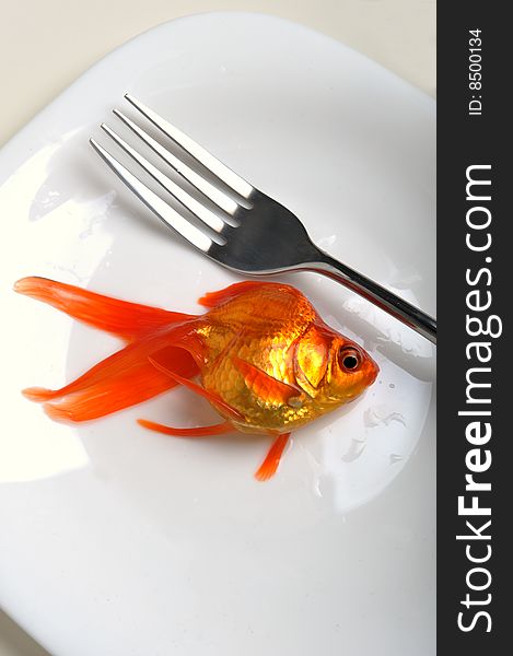 Goldfish in a plate fork and knife