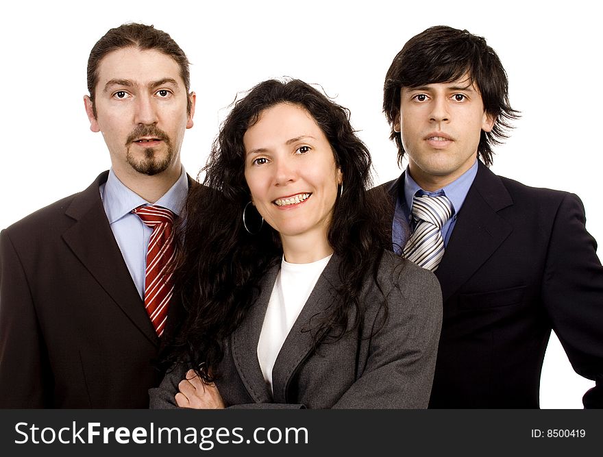 Two men and as woman business team white isolate portrait