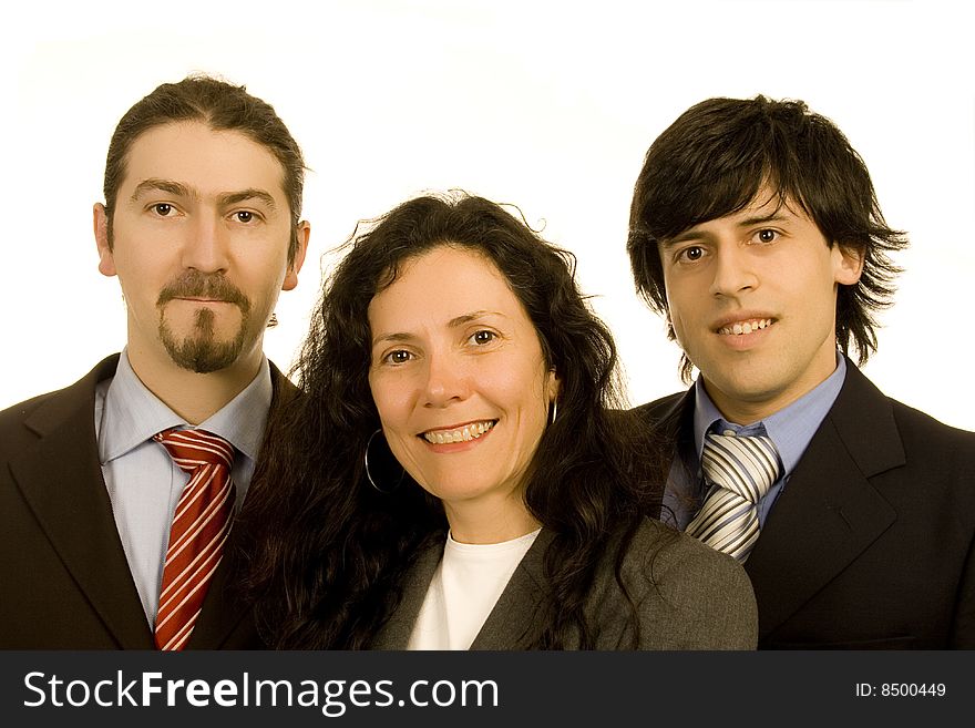 Two men and a  woman business team white isolate portrait