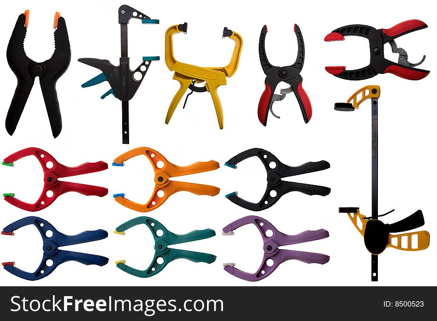 Set of Various Types of Clamps - Isolated on White. Set of Various Types of Clamps - Isolated on White