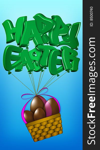 Basket of easter chocolate eggs flying with 3D text balloons, on the  sky