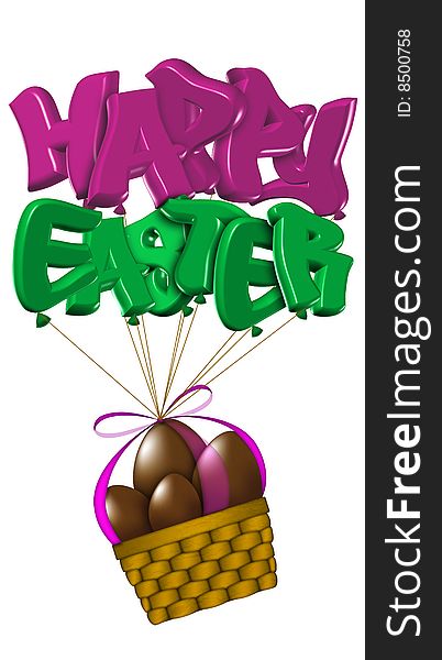 Basket of easter chocolate eggs flying with 3D text balloons, on a white background