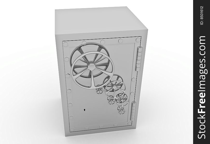 Metallic safe for storage of values on a white background