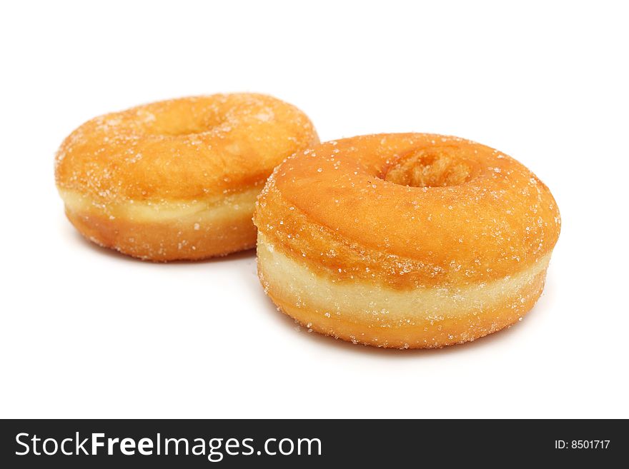 Two sweet donuts isolated on white background.