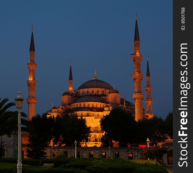 The Blue Mosque, Istanbul, Turkey, lit up just before dawn