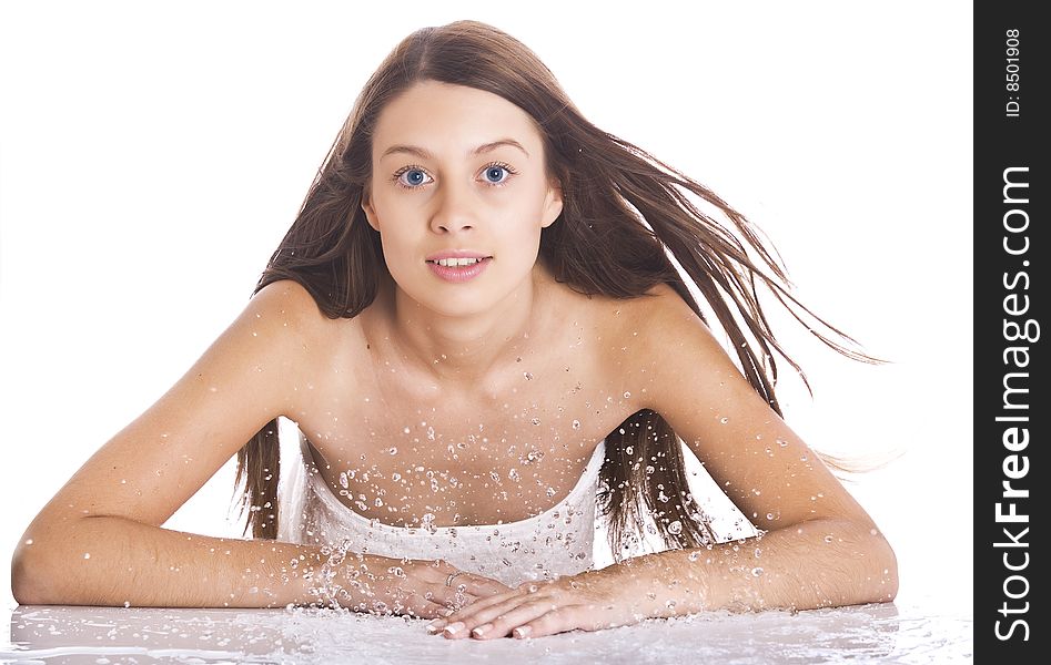 High key portrait of young woman on white back. High key portrait of young woman on white back