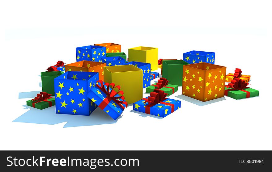 Opened multicolor gift boxes - 3d isolated illustration on white