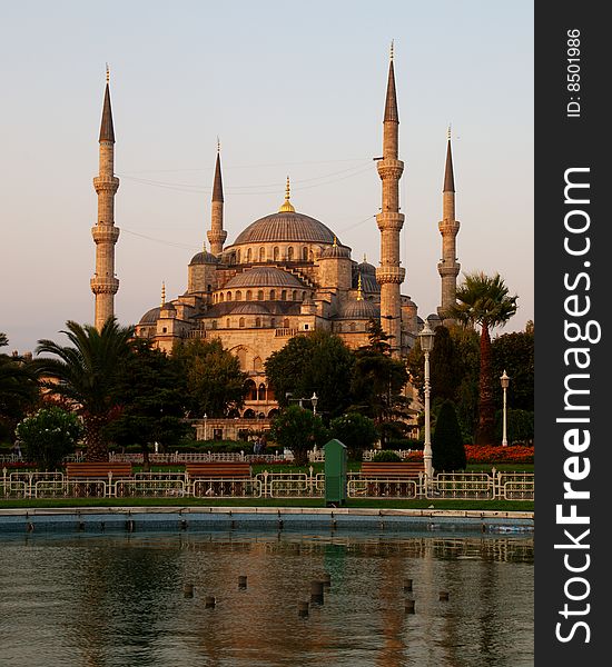 The Blue Mosque, Istanbul, Turkey, bathed in the light of the morning sun.