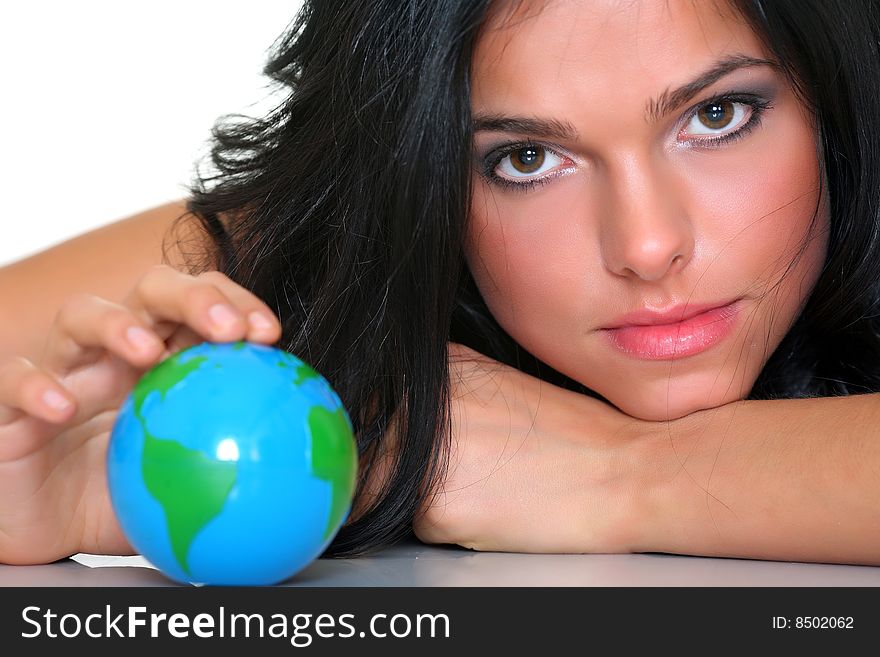 Beautiful girl and small globes. Beautiful girl and small globes