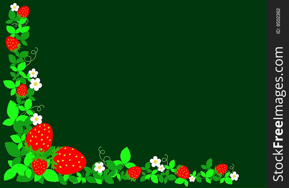 Vector strawberries with sheets on dark green background