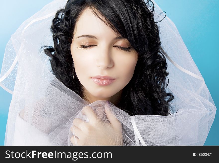 Beautiful Brunette Bride On A Blue Background