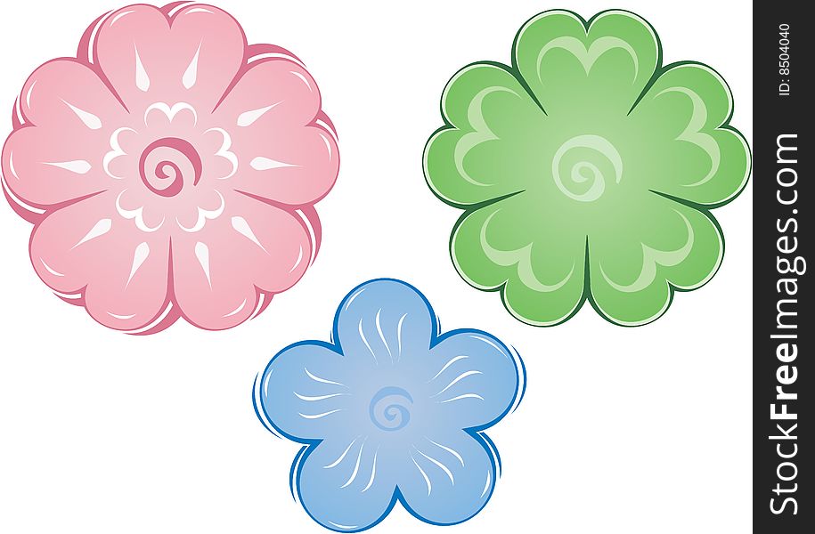 Three different flowers. Pink, Green, Blue.