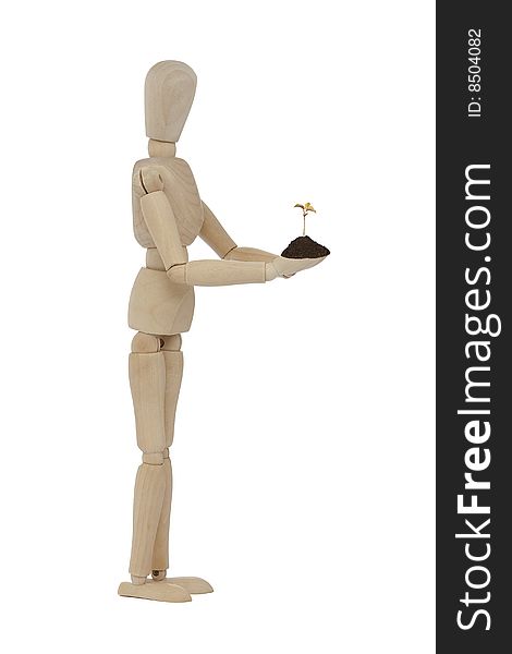 Wooden man standing with small tree in the hands. Wooden man standing with small tree in the hands