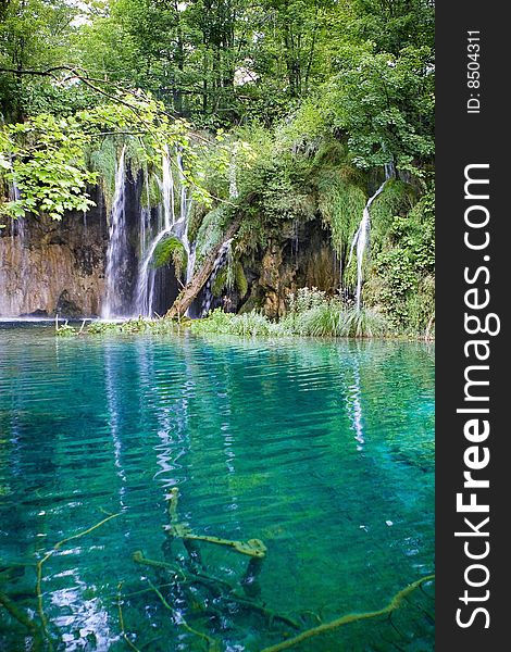 Beautiful waterfall and lake with sky  blue  water