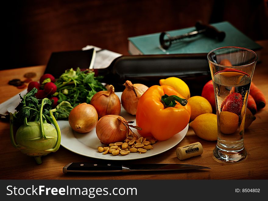 Still life picture with vegetables and other stuff. Still life picture with vegetables and other stuff