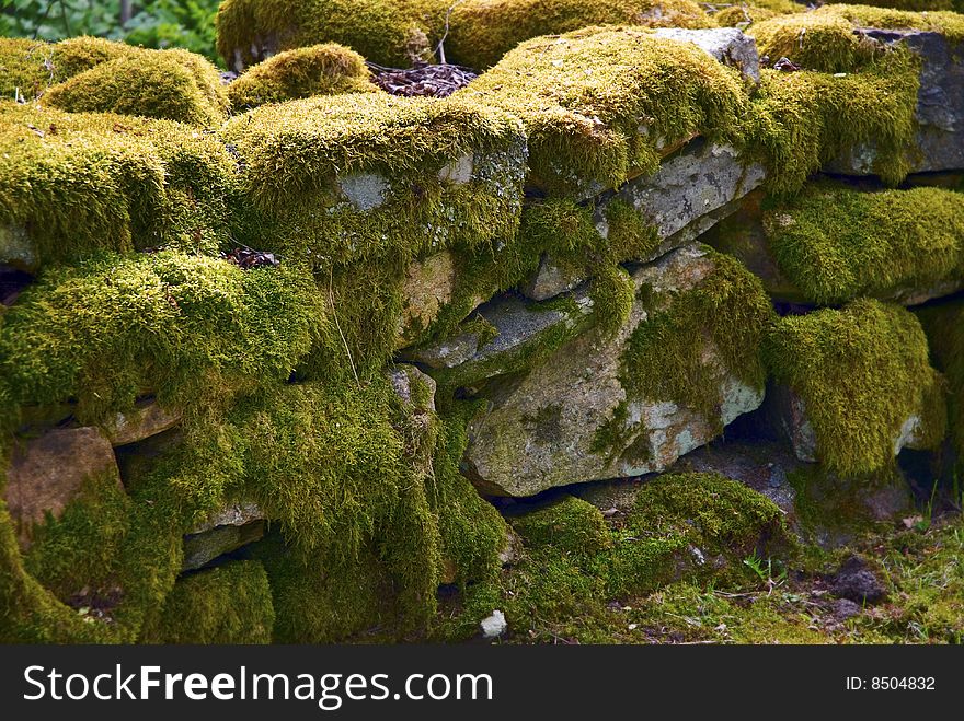 An old stone wall at a church covered with moss. An old stone wall at a church covered with moss.