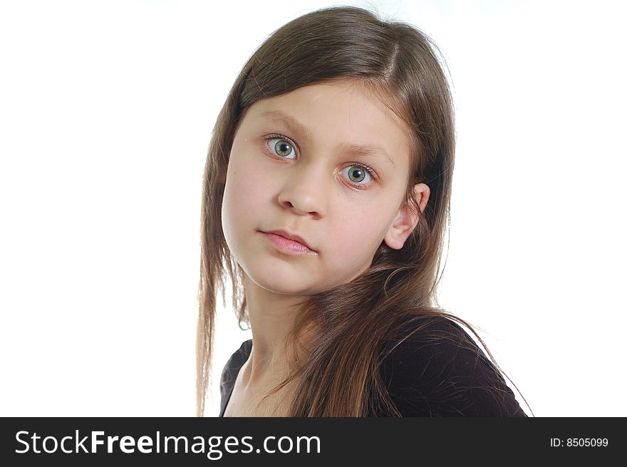 The little cute girl isolated on the white background