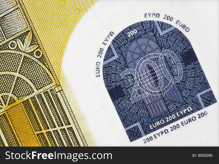 Greatly enlarged detail of a 200 euro banknote. Greatly enlarged detail of a 200 euro banknote