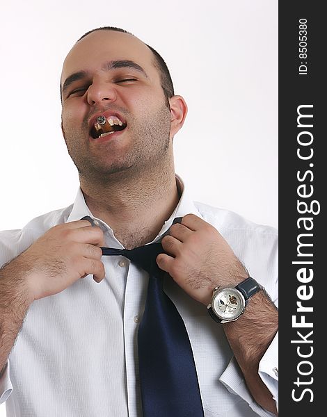 Drunk businessman untie his tie with cigarette in mouth