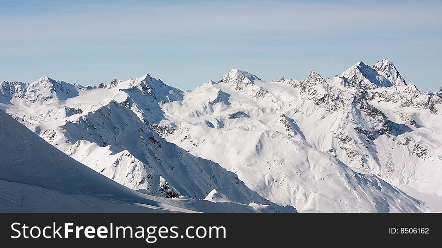 Mountains view in Alps, Soelden, Austria, on a sunny day