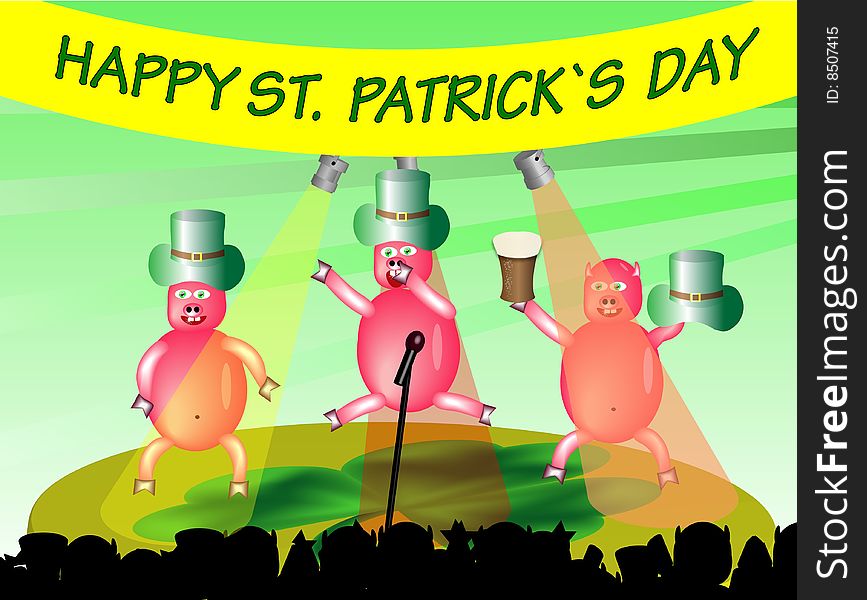 Happy st. patrick`s day. Dancing, funy, party pigs.