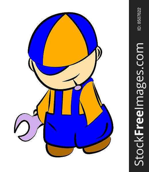 Little repairman in a colour cap, holds a wrench one hand, and another hand climbs in a pocket behind a nail. Little repairman in a colour cap, holds a wrench one hand, and another hand climbs in a pocket behind a nail