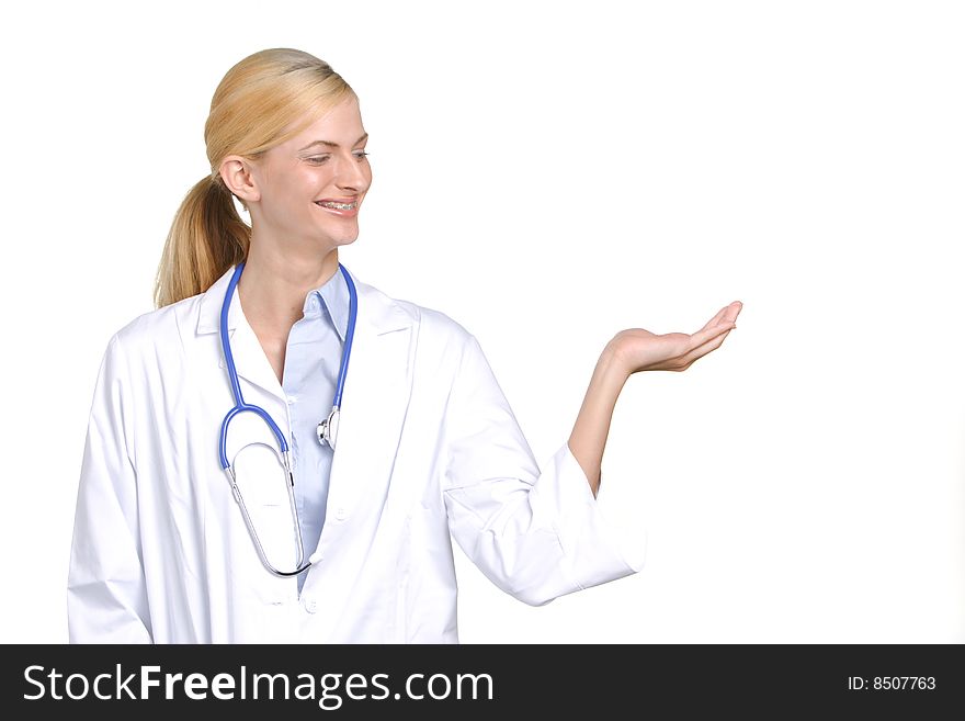 Female Doctor holding out hand isolated on white