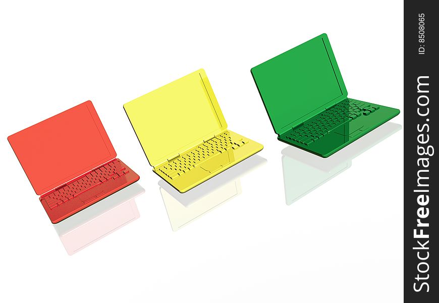 Colored laptops on white background.